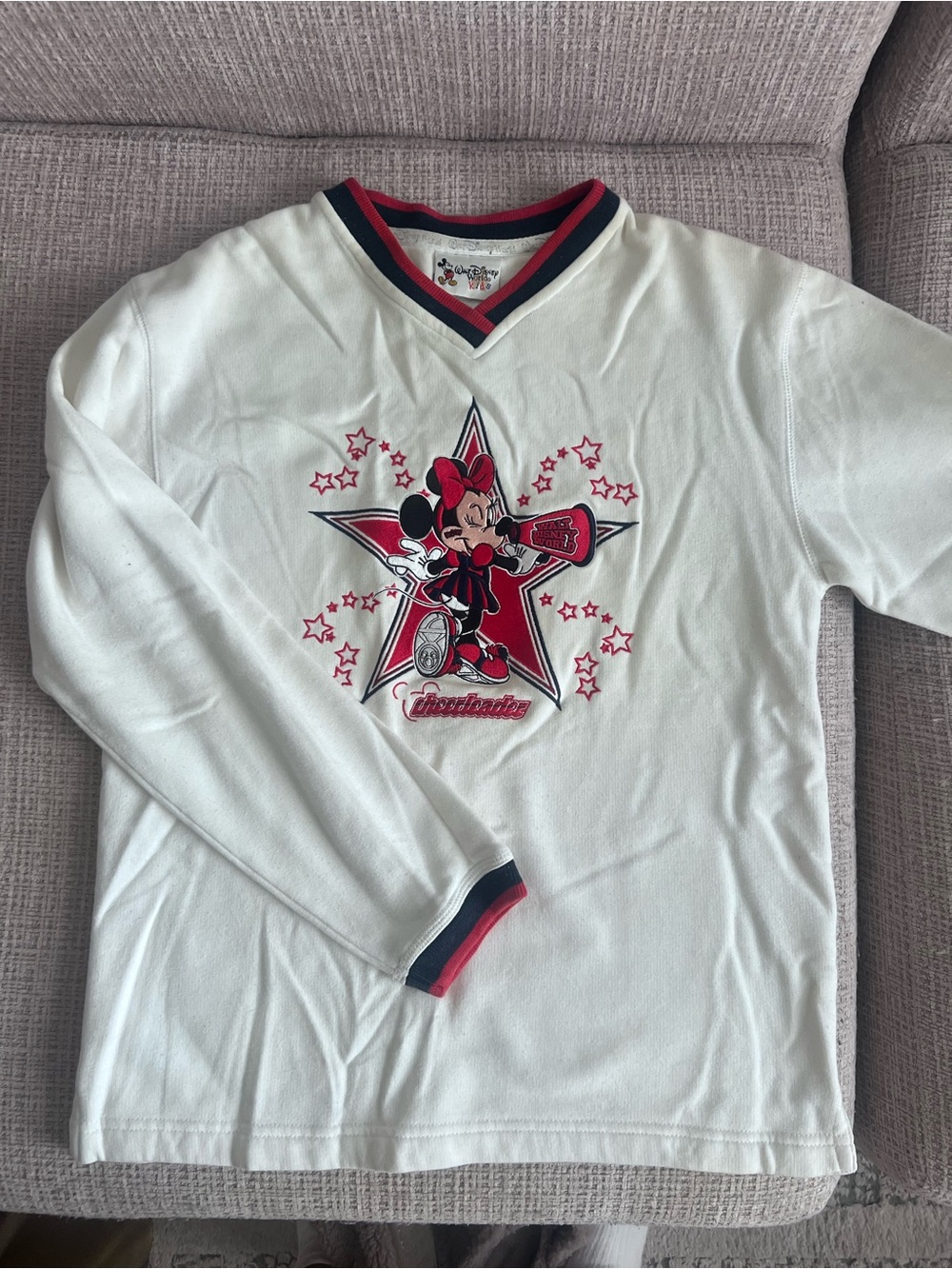 Disney White Long Sleeve Minnie Mouse Star Graphic Top with Red & Navy Trim